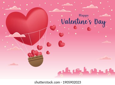 a heart-shaped hot air balloon carrying a bunch of small hearts in a basket with a city background and a pink sky