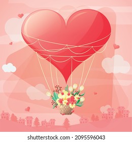 Heart-shaped hot air balloon carrying flower basket
