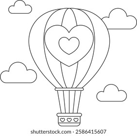 Heart-shaped hot air balloon floating in the sky, Valentine's coloring page 