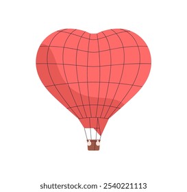 Vuelo en globo aerostático en forma de corazón. Viaje romántico en globo de amor rojo con cesta. Luna de miel y San Valentín. Aerostato en vuelo. Ilustración vectorial plana aislada sobre fondo blanco