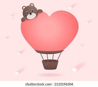 A heart-shaped hot air balloon with a teddy bear on a heart-shaped hot air balloon illustration set. Doll, memo, pink, anniversary, white day. Vector drawing. Hand drawn style.