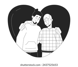 Heart-shaped hug father son older black and white 2D line cartoon characters. Heartshaped embrace senior dad isolated vector outline people. Loved relationships monochromatic flat spot illustration