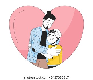 Heart-shaped hug father young boy 2D linear cartoon characters. Heartshaped young son dad caucasian isolated line vector people white background. Loved relationships color flat spot illustration