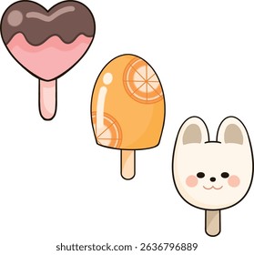 Heart-shaped ice cream, orange fruit ice cream, and cute bunny ice cream