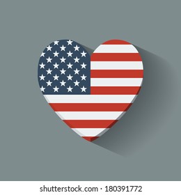 Heart-shaped icon with national flag of the USA. Flat design.