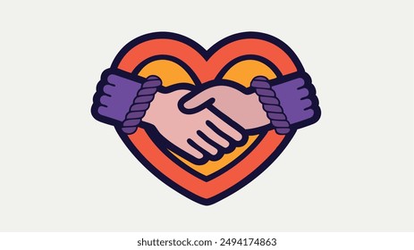 Heart-shaped icon with two hands shaking. Colors: red, orange, purple. Symbol of friendship