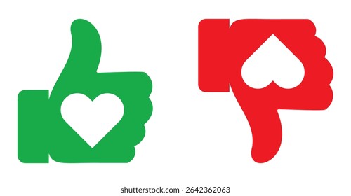 Ícones em forma de coração que representam cores verdes e vermelhas, ideais para mídias sociais, feedback ou botões de reação.