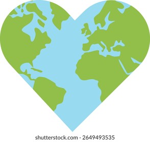 Ilustração em forma de coração da Terra com continentes verdes e oceanos azuis, simbolizando consciência ambiental, amor global e cuidado com o planeta em um design minimalista.