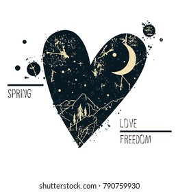 Heart-shaped illustration with mountains and moon