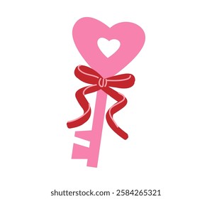 Heart-shaped key with cutout heart and red ribbon bow on white background. Flat illustration for Valentine's Day and love-themed concepts