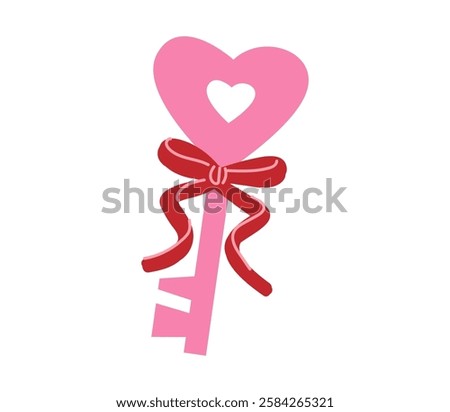Heart-shaped key with cutout heart and red ribbon bow on white background. Flat illustration for Valentine's Day and love-themed concepts