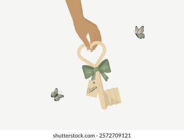 Heart-Shaped Key with Green Bow and Butterflies Illustration. Green valentine's day concept. Eco-friendly event. Ecological love. Sustainable heart key. Flat style. Vector illustration