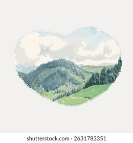 Heart-shaped landscape illustration with green hills and cloudy sky. Scenic hills and sky create a peaceful heart-shaped view. Tranquil hills and sky scene. Vintage art illustration vector.