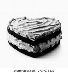 Ilustração do bolo da camada em forma de coração: arte vetorial pontilhada do meio-tom preto e branco de uma sobremesa gourmet isolada no branco para o projeto gráfico da padaria
