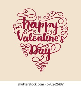 Heart-shaped lettering phrase "Happy Valentine's Day" with florishes in red color on light pink background. Vector illustration.