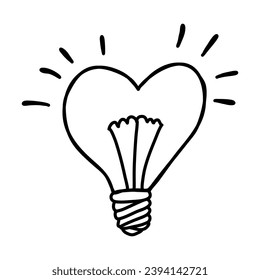 Heart-shaped light bulb, doodle vector illustration.