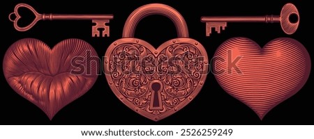 Heart-shaped lock. Design set. Editable hand drawn illustration. Vector vintage engraving. Isolated on black background. 8 EPS