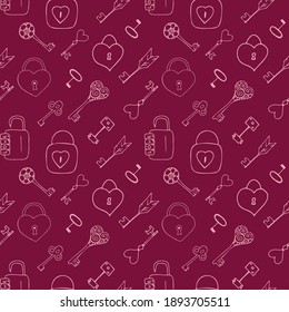 Heart-shaped lock and different keys. Vector seamless doodle hand-drawn pattern for Valentines Day.