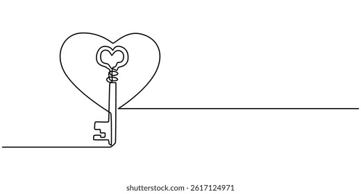 Heart-shaped lock and key in continuous one line drawing. Symbolizing love, trust, and security, Home Sweet Home Cartoon love house line pattern. Home icon or symbol. One continuous line drawing.