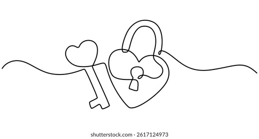Heart-shaped lock and key in continuous one line drawing. Symbolizing love, trust, and security, Home Sweet Home Cartoon love house line pattern. Home icon or symbol. One continuous line drawing.