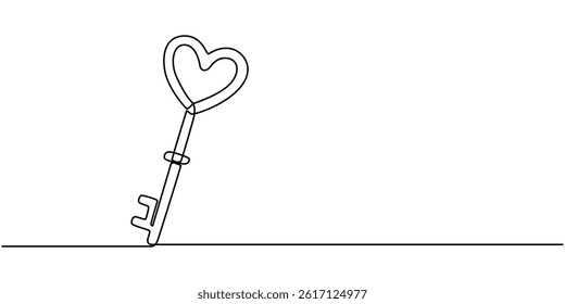 Heart-shaped lock and key in continuous one line drawing. Symbolizing love, trust, and security, Home Sweet Home Cartoon love house line pattern. Home icon or symbol. One continuous line drawing.