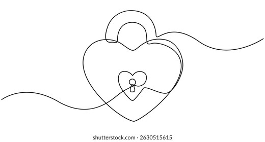 Heart-shaped lock and key in continuous one line drawing. Symbolizing love, trust, and security, Love lock on bridge one line art vector, Continuous line drawing. Lock and key. Heart shape. Valentine