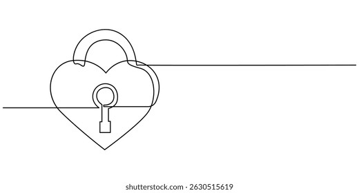 Heart-shaped lock and key in continuous one line drawing. Symbolizing love, trust, and security, Love lock on bridge one line art vector, Continuous line drawing. Lock and key. Heart shape. Valentine
