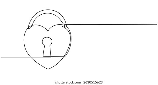 Heart-shaped lock and key in continuous one line drawing. Symbolizing love, trust, and security, Love lock on bridge one line art vector, Continuous line drawing. Lock and key. Heart shape. Valentine