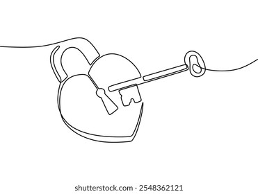 Heart-shaped lock and key drawn in continuous one line, symbolizing love, trust, and security in relationships.