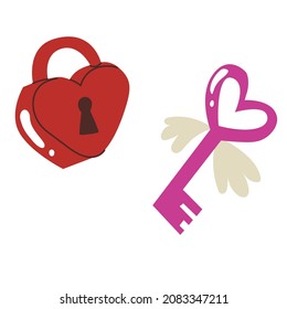 Heart-shaped lock and key with wings. Happy Valentines Day symbols. All lovers Day decoration element. Colored Flat style in vector illustration. Isolated element.