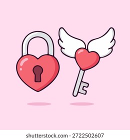Cerradura en forma de corazón y Ilustración vectorial de llave alada para el día de San Valentín