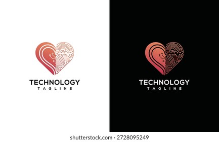Heart-shaped logos with technology theme displayed on white and black backgrounds showcasing modern design and digital innovation