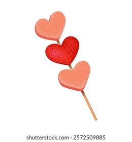 Heart-shaped lollipop candy with strawberry marmalade on a stick. Sweets for holiday decor, cards, web, banners, and wrapping design on Valentine's Day, New Year, and Christmas. Vector illustration.