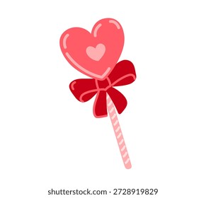 Heart-shaped lollipop decorated with red bow. Sweet candy. Valentine's Day. Hand-drawn vector illsutration.