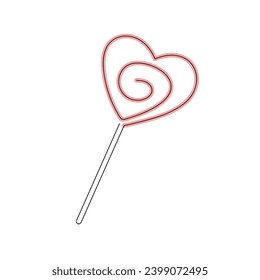 Heart-shaped lollipop drawn in one continuous line in color. One line drawing, minimalism. Vector illustration.