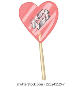 heart-shaped lollipop. inside the lollipop is a blade. Creepy Valentine clipart, Spooky Valentine, Pastel Goth digital stickers, Alternative Valentine day vector EPS10