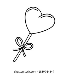 Heart-shaped lollipop on a stick with a bow. Decorative design element for Valentine's Day. Simple outline illustration drawn by hand and isolated on a white background. Black white vector