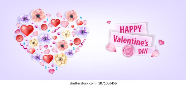 Heart-shaped love Valentine’s Day vector background with anemones, flowers, petals, confetti. Holiday romantic greeting floral postcard or sale promo banner. Valentine’s Day blossom spring background