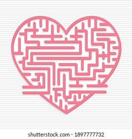 Heart-shaped maze with an entrance and an exit with thick lines in pink on a white backgrounds. Vector image