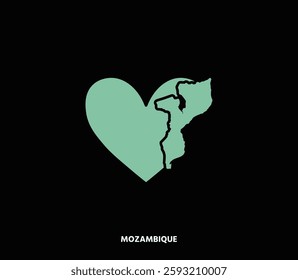 A heart-shaped Mozambique map, highlighting national pride. Great for tourism, adventure, and cultural projects.