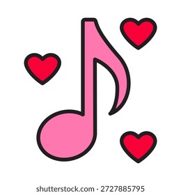 Ícone de nota musical em forma de coração com traço editável e preenchimento de cor rosa, Dia dos Namorados símbolo de música de amor, nota cardíaca melódica bonito em estilo de contorno mínimo.
