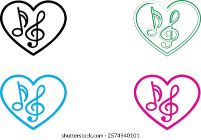 Heart-shaped musical symbols, treble clef and staff lines, minimalist line art, colorful outlines, green pink blue black variations, simple vector design, music love concept, romantic melody icon, cle