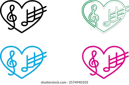 Heart-shaped musical symbols, treble clef and staff lines, minimalist line art, colorful outlines, green pink blue black variations, simple vector design, music love concept, romantic melody icon, cle