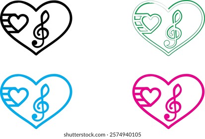 Heart-shaped musical symbols, treble clef and staff lines, minimalist line art, colorful outlines, green pink blue black variations, simple vector design, music love concept, romantic melody icon, cle