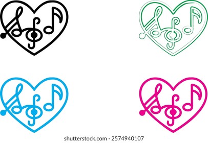 Heart-shaped musical symbols, treble clef and staff lines, minimalist line art, colorful outlines, green pink blue black variations, simple vector design, music love concept, romantic melody icon, cle