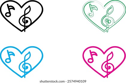 Heart-shaped musical symbols, treble clef and staff lines, minimalist line art, colorful outlines, green pink blue black variations, simple vector design, music love concept, romantic melody icon, cle