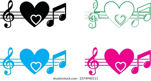 Heart-shaped musical symbols, treble clef and staff lines, minimalist line art, colorful outlines, green pink blue black variations, simple vector design, music love concept, romantic melody icon, cle