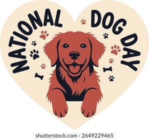 Heart-shaped national dog day sticker with smiling dog illustration for puppy love theme or pet gift merch