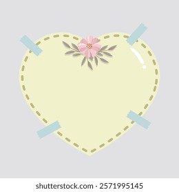 Heart-Shaped Note with Tape and Flower Vector Illustration. Lovely heart-shaped note adorned with tape and a small flower. Perfect for romantic designs or creative scrapbooking