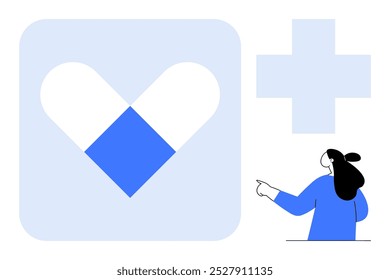 Heart-shaped object with geometric design and blue cross plus healthcare professional. Ideal for health and wellness, medical services, digital healthcare, patient care, healthcare innovation